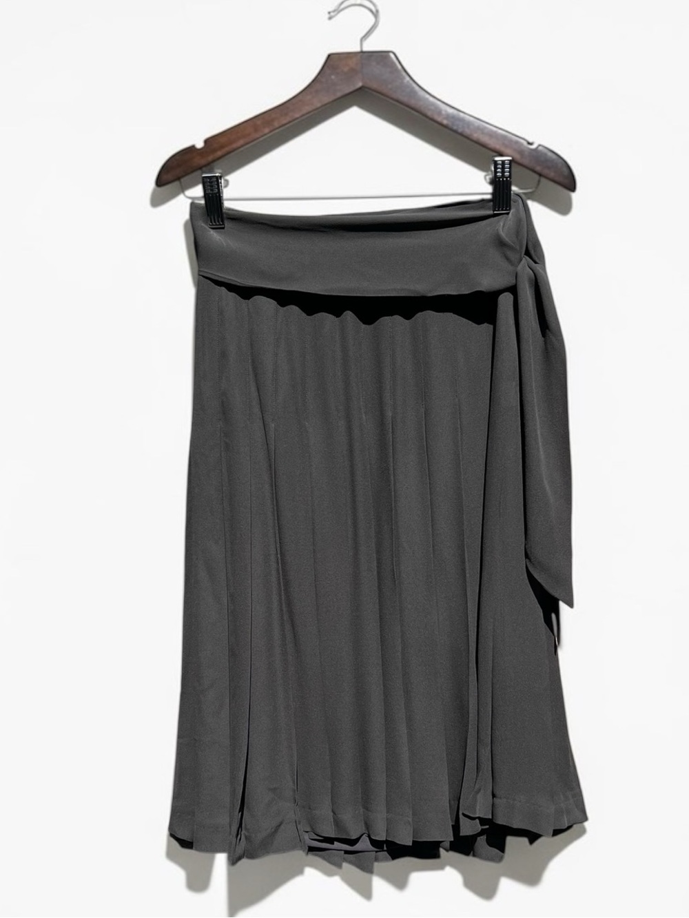 🌻J.Crew Charcoal Gray Silk Pleated Wrap Skirt Wide Foldover Waist Side Tie sz 0